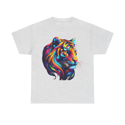 Tiger's Whimsy Graphic Unisex T-Shirt featuring vibrant artisan design and intricate tiger artwork in a kaleidoscope of colours.