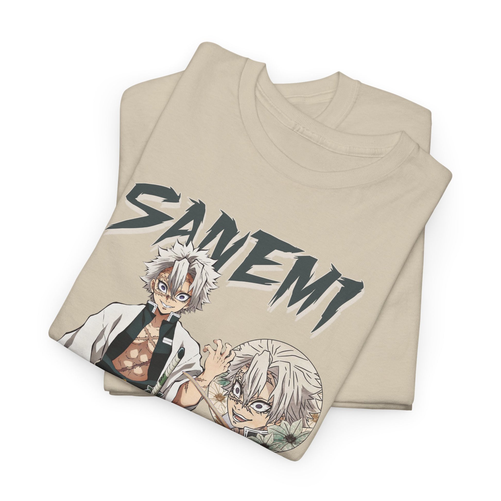 Sophisticated presentation of folded Sanemi Shinazugawa t-shirts, highlighting the intricate design and premium fabric in an inviting display.