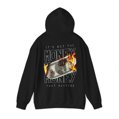 Elegant black hoodie featuring an impactful graphic design on the back depicting a flaming dollar bill with the phrase 'IT'S NOT THE MONEY.' A striking piece for fashionable statements.