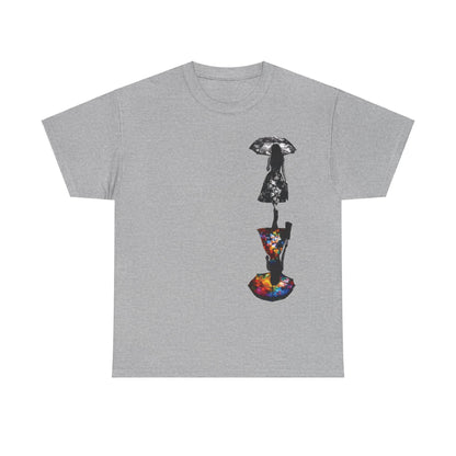 Stylish Duality Dreams Unisex T-Shirt in heather grey, featuring an artistic floral design that captures two silhouettes of women, one in black and white and the other in vivid colours, tailored for a luxury fashion statement.