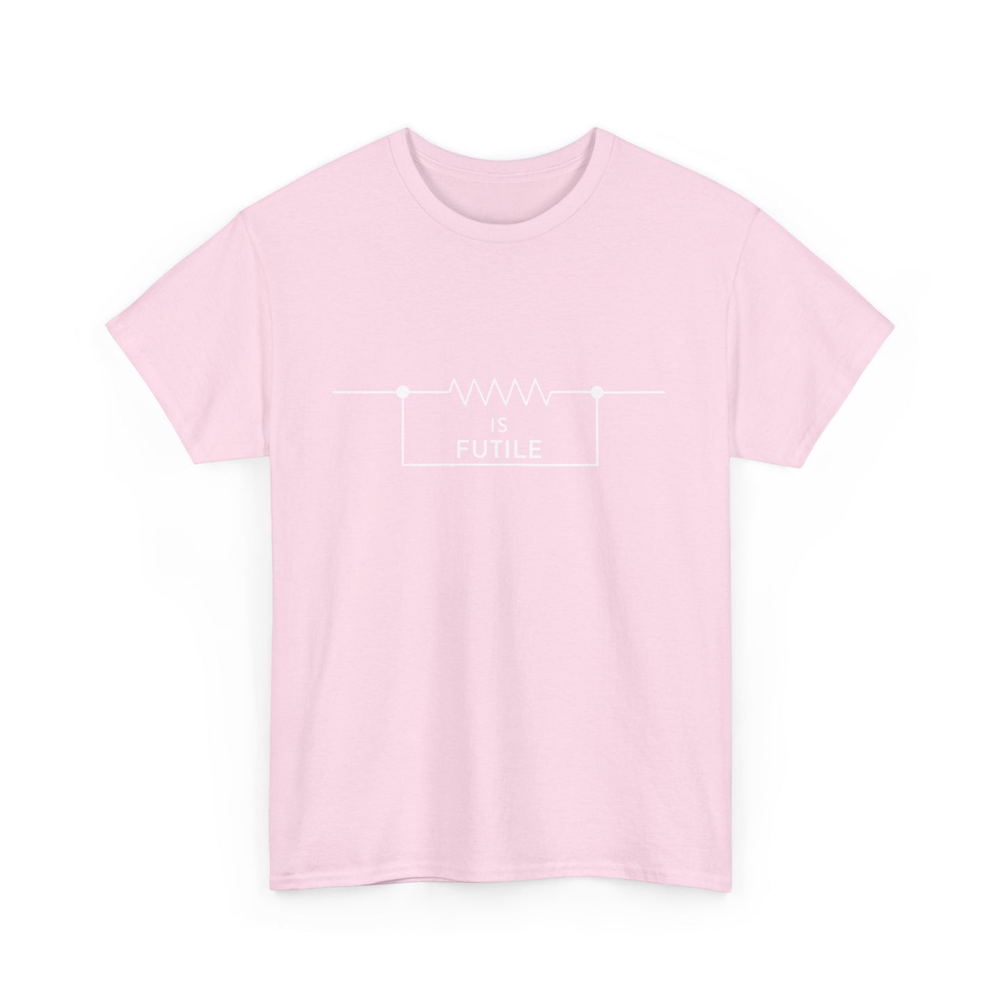 Front view of a trendy unisex graphic tee shirt in soft pink, featuring the phrase 'IS FUTILE' within a resistor symbol design, appealing to Star Trek enthusiasts.