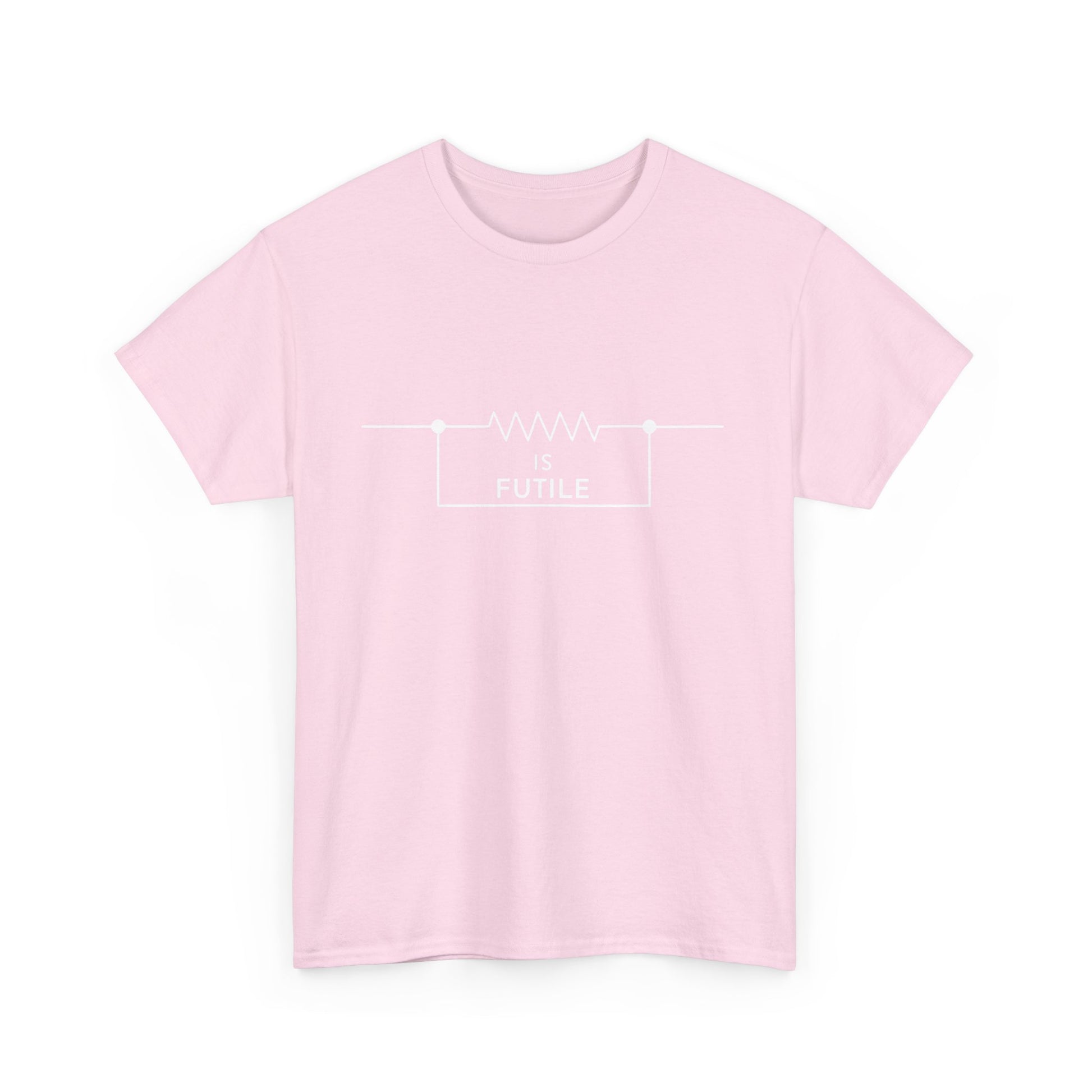 Front view of a trendy unisex graphic tee shirt in soft pink, featuring the phrase 'IS FUTILE' within a resistor symbol design, appealing to Star Trek enthusiasts.