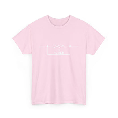 Front view of a trendy unisex graphic tee shirt in soft pink, featuring the phrase 'IS FUTILE' within a resistor symbol design, appealing to Star Trek enthusiasts.