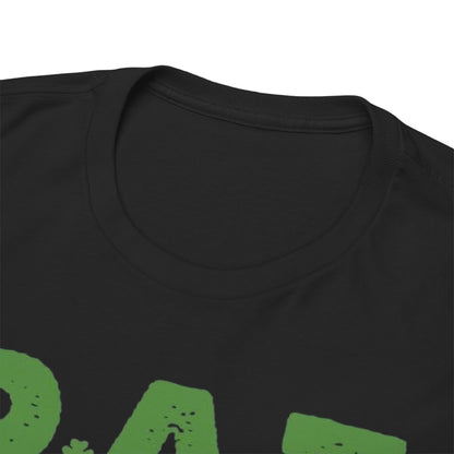 Close-up of the neckline of the black t-shirt with the 'Funny St. Patrick’s Day T-Shirt - Pat McCrotch Irish Pub Graphic Tee for Men & Women' design, emphasising its luxurious fabric and festive graphics.