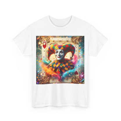 Harlequin Playing Card Graphic Tee featuring a vibrant design of a jester with an ace of hearts, showcasing playful sophistication and vintage charm.