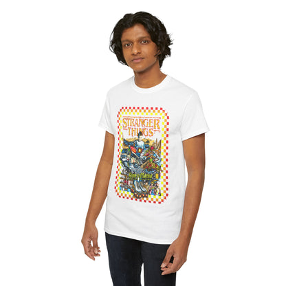 Sophisticated look of a model in a high-quality Stranger Things graphic tee, featuring a captivating design inspired by '80s aesthetics, ideal for trendy enthusiasts.