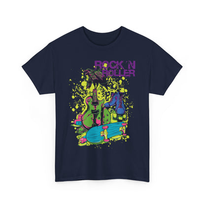 Stylish navy men's t-shirt featuring vibrant 'Rock 'N Roller' graphic design with a crow and musical instruments, emphasising creativity and bold expression.