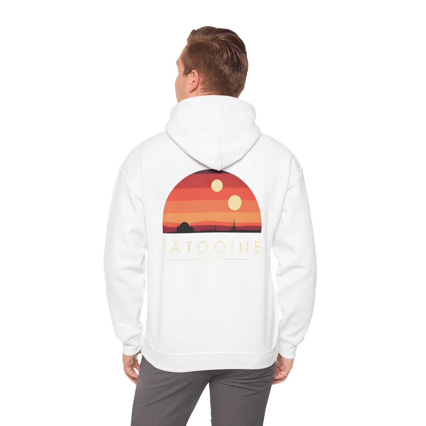 Close-up of the iconic Tatooine silhouette and stunning sunset design on the hoodie, ideal for cosmic adventure enthusiasts.