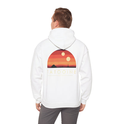 Close-up of the iconic Tatooine silhouette and stunning sunset design on the hoodie, ideal for cosmic adventure enthusiasts.