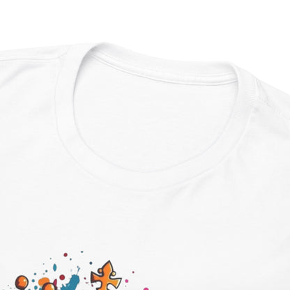 Close-up view of a luxury T-shirt collar with a striking golden skull and crown design, featuring artistic splashes of blue, pink, and orange for a sophisticated touch.