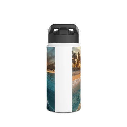 Sophisticated Fantasy Paddleboarding Stainless Steel Water Bottle with a serene beach scene featuring palm trees and golden sunset reflections.
