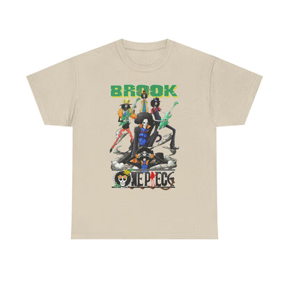 Sophisticated beige men's t-shirt showcasing an eye-catching graphic of Brook and Crew from renowned anime, featuring a vibrant rock ensemble design.