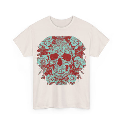Skulls and Roses Cotton Tee in cream featuring an exquisite steampunk-inspired skull surrounded by intricate roses, making it a standout piece for alternative fashion enthusiasts.