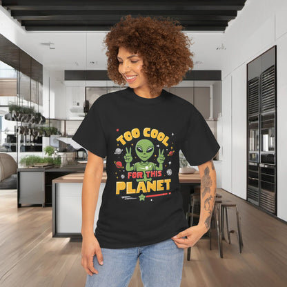 Urban Unisex 100% Cotton Cool Alien Graphic T-Shirt in black, modeled by a person, displaying a vibrant alien print with 'Too Cool for This Planet', designed for modern streetwear elegance.