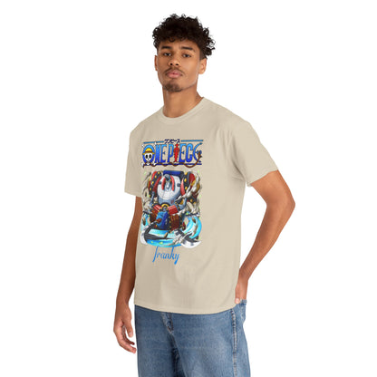 Stylish man wearing a luxurious One Piece Franky t-shirt, designed with vibrant colours and captivating artwork, embodying anime elegance.