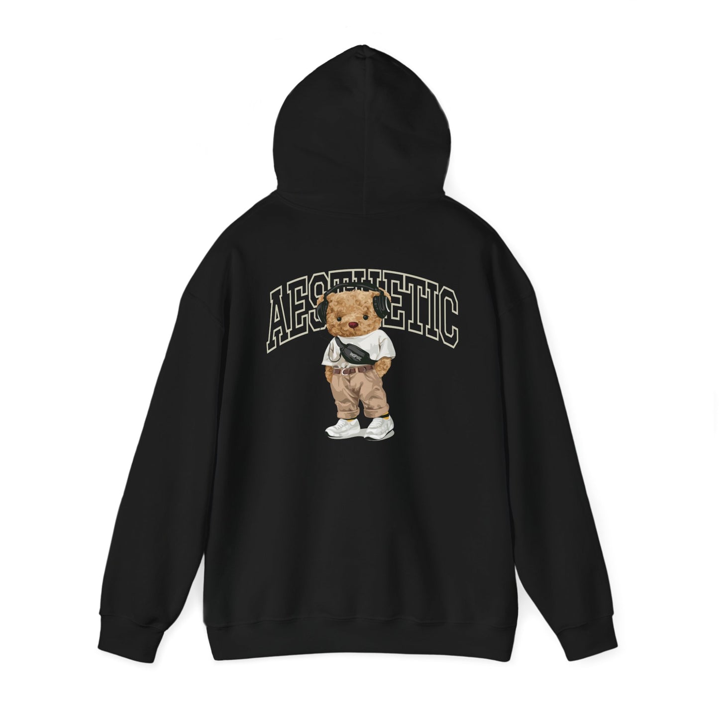 Elegant black hoodie featuring a cartoon teddy bear design on the back with 'AESTHETIC' text, perfect for a stylish statement.