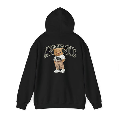 Elegant black hoodie featuring a cartoon teddy bear design on the back with 'AESTHETIC' text, perfect for a stylish statement.
