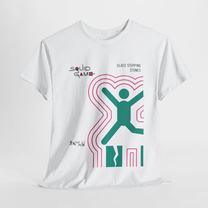 Elegant white cotton t-shirt featuring vibrant 'Squid Game' graphic design inspired by the 'Glass Stepping Stones' challenge, showcasing an abstract figure and bold colours.