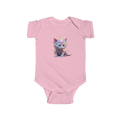 Charming Kitten Bodysuit in pink for infants, adorned with a delightful geometric kitten graphic, perfect for fashionable baby attire.
