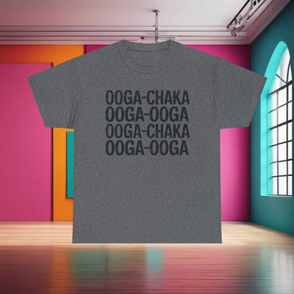 Sophisticated grey unisex cotton t-shirt titled 'Hooked On a Feeling' adorned with the repeating phrase 'Ooga Chaka' in a striking black font, showcased in a vibrant artistic environment.