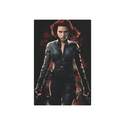 Marvel Black Widow Metal Art Poster showcasing a fierce portrayal of the iconic character, perfect for elevating stylish interiors.