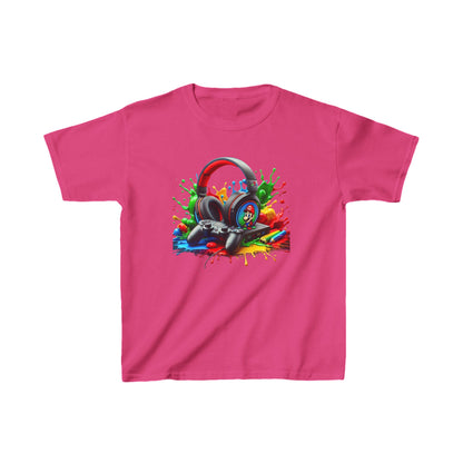 Unisex Children's Gaming Graphic Cotton Tee in Pink showcasing bold gaming headphones and dynamic painted splashes - Ultimate Comfort & Style.