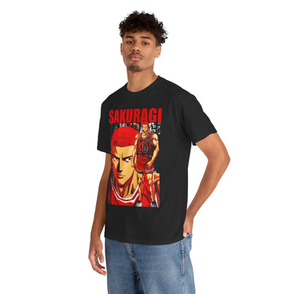 Stylish model wearing the fashionable Sakuragi Anime T-Shirt, showcasing a dynamic design inspired by Slam Dunk.