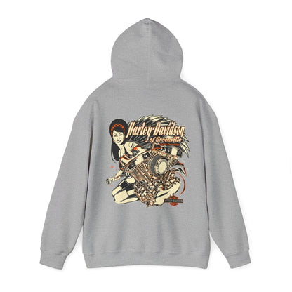 Harley-Davidson grey hoodie displaying a vibrant retro engine design with elegant lady artwork, perfect for a chic, edgy look.