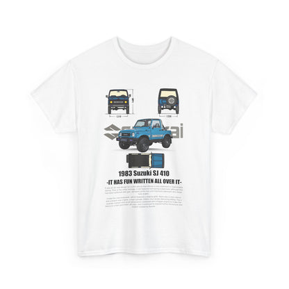 Elegant white t-shirt featuring a detailed retro graphic of the 1983 Suzuki SJ 410, capturing its unique specs and charm.