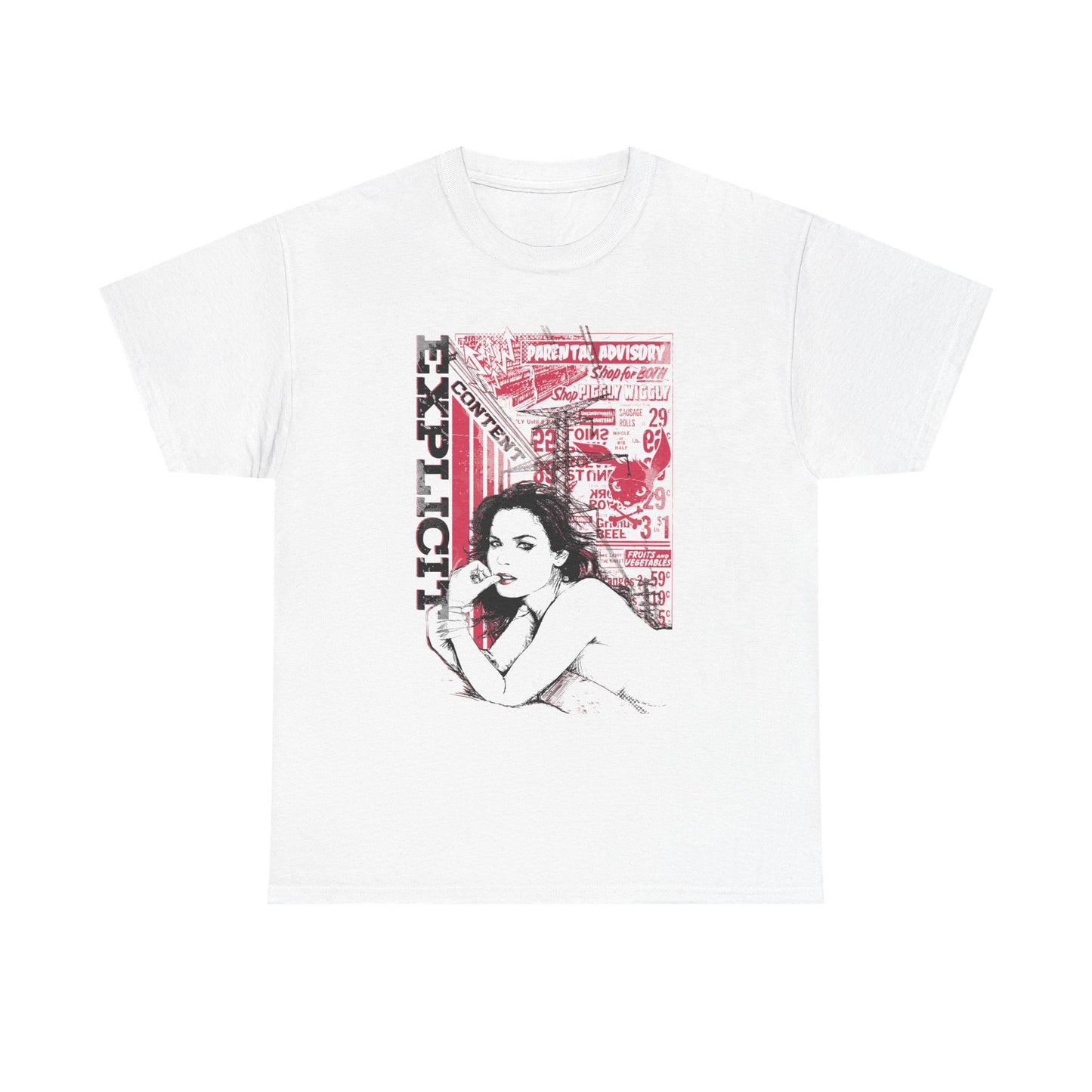 Luxurious vintage-inspired men's t-shirt featuring bold graphic design with the word 'EXPLICIT' and an alluring figure, set against a nostalgic backdrop of retro advertisements and playful pricing in rich reds and blacks.