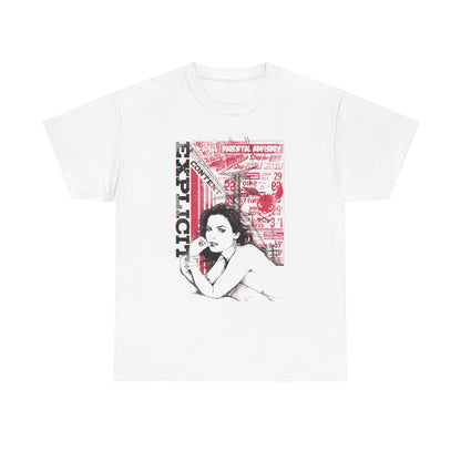 Luxurious vintage-inspired men's t-shirt featuring bold graphic design with the word 'EXPLICIT' and an alluring figure, set against a nostalgic backdrop of retro advertisements and playful pricing in rich reds and blacks.
