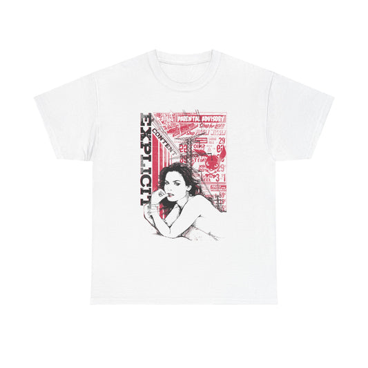 Luxurious vintage-inspired men's t-shirt featuring bold graphic design with the word 'EXPLICIT' and an alluring figure, set against a nostalgic backdrop of retro advertisements and playful pricing in rich reds and blacks.