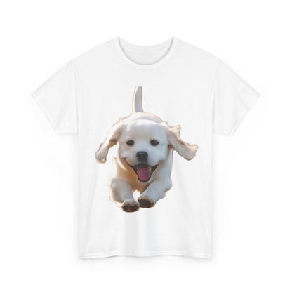 Leaping puppy Graphic T-Shirt, Urban Streetwear Top, Unisex Cotton featuring an adorable leaping puppy design on a white cotton fabric.