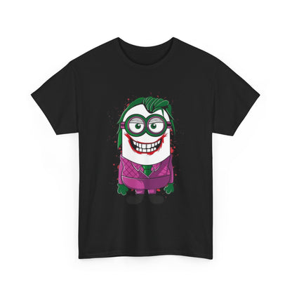 A stylish display of the Men's Funny T Shirt in black, showcasing a vibrant Joker Minion design. This T Shirt is a fun and playful choice for Minion enthusiasts looking to make a statement.