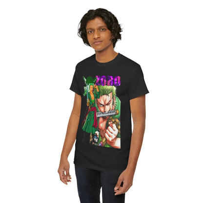 Stylish young man in a black Roronoa Zoro graphic t-shirt, exuding confidence and passion for anime, paired with casual denim.