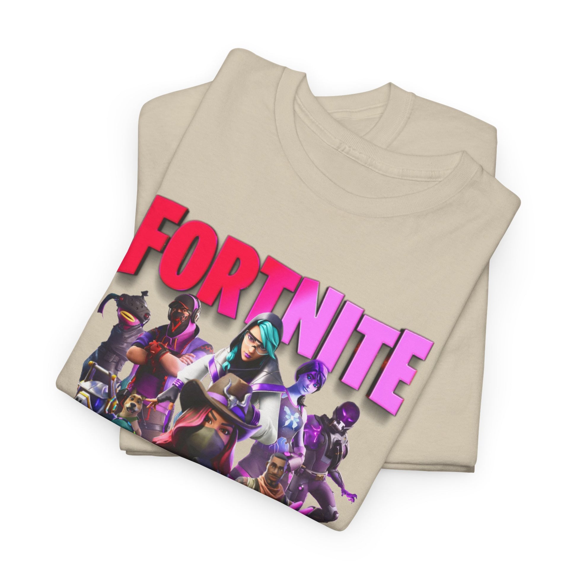 Luxuriously folded Luxury Fortnite Squad Drip T-Shirts in beige, featuring dynamic character art and vibrant lettering, showcasing ultimate gaming style.