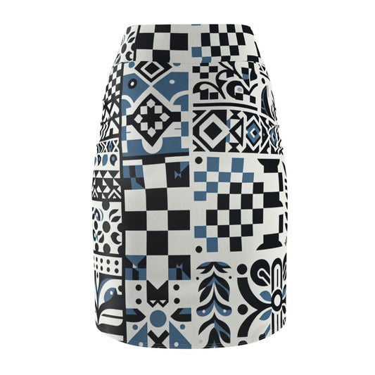 Lorelei Beaumont Elegant Pencil Skirt displaying an eye-catching checkerboard design on a bright white backdrop, crafted for the stylish woman, exuding elegance and sophistication with bold black and blue patterns.