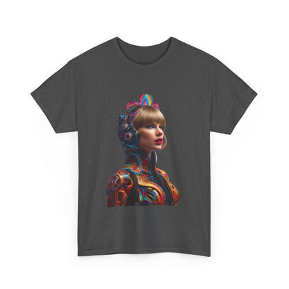 Front view of the Swifties psychedelic Taylor Swift Heavy Cotton Tee showcasing a vibrant psychedelic image of Taylor Swift, perfect for pop music enthusiasts.