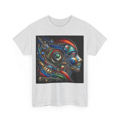 Stained Glass Dreams Unisex T-Shirt in grey, displaying the exquisite abstract face design against a sophisticated background.