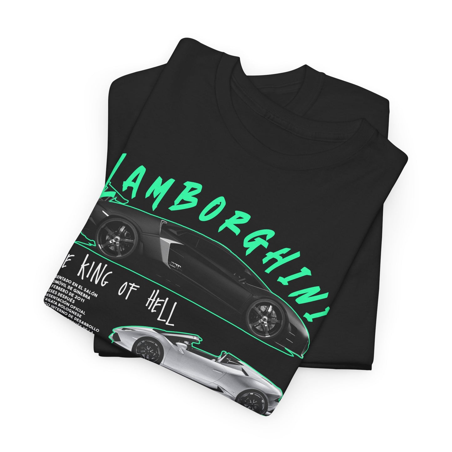 Luxurious Lamborghini Aventador graphic t-shirt with bold teal-green typography and stunning illustrations of the iconic supercar, modelled in black and grey hues.