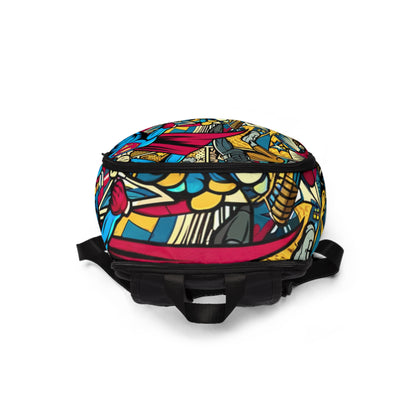 Dazzling Dreams Pop Art Backpack featuring vibrant cartoon designs and a harmonious colour palette by Dazzling Dreams Studio, ideal for stylish everyday use.