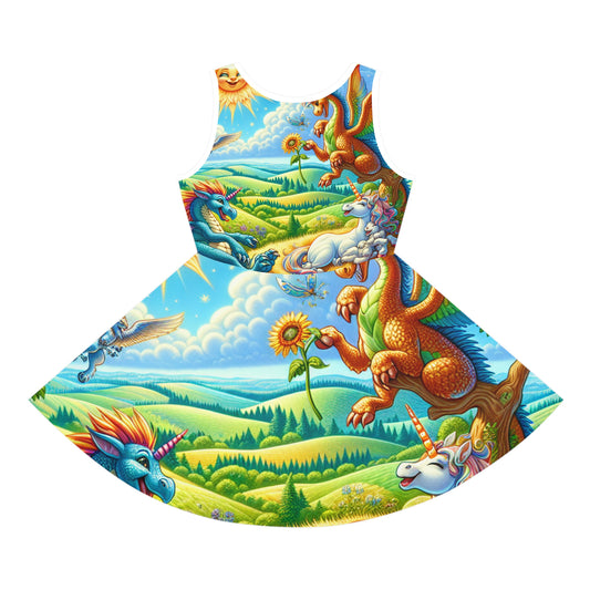 Ava Lushington Girls Fantasy Sundress - Unicorns, Dragons & Griffins, showcasing a stunning illustration of magical animals on a picturesque landscape, ideal for inspiring creativity in children.