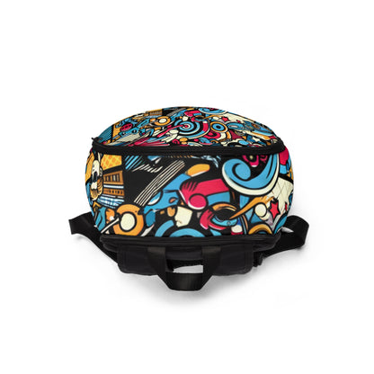 Close-up detail of the vibrant comic motif design on the ColorFusion Continuum Pop Art Backpack by Dazzling Dreams Studio, exemplifying contemporary artistry.