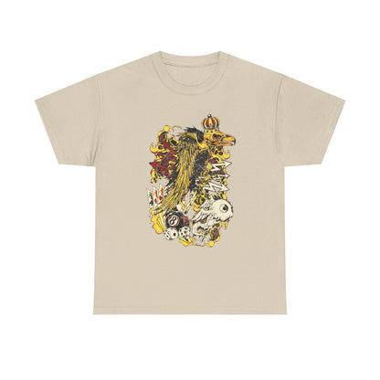 Embrace sophistication with this elegant beige graphic tee featuring a striking crown-wearing raven, intertwined with gambling elements and mystical imagery, designed for the adventurous spirit.