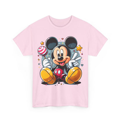 Front view of a charming unisex graphic tee shirt in pink featuring a vibrant Mickey Mouse design, perfect for a chic, youthful wardrobe.