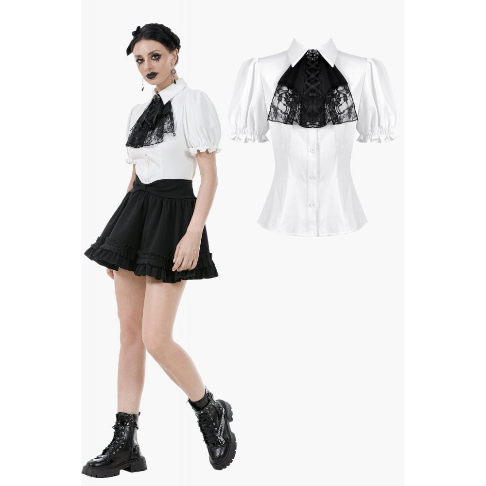 Dark in Love Elysia Gothic Blouse featuring elegant ruffle bib with intricate black lace overlay and dramatic puff sleeves, modelled in a luxurious Victorian-inspired style.