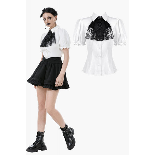 Dark in Love Elysia Gothic Blouse featuring elegant ruffle bib with intricate black lace overlay and dramatic puff sleeves, modelled in a luxurious Victorian-inspired style.