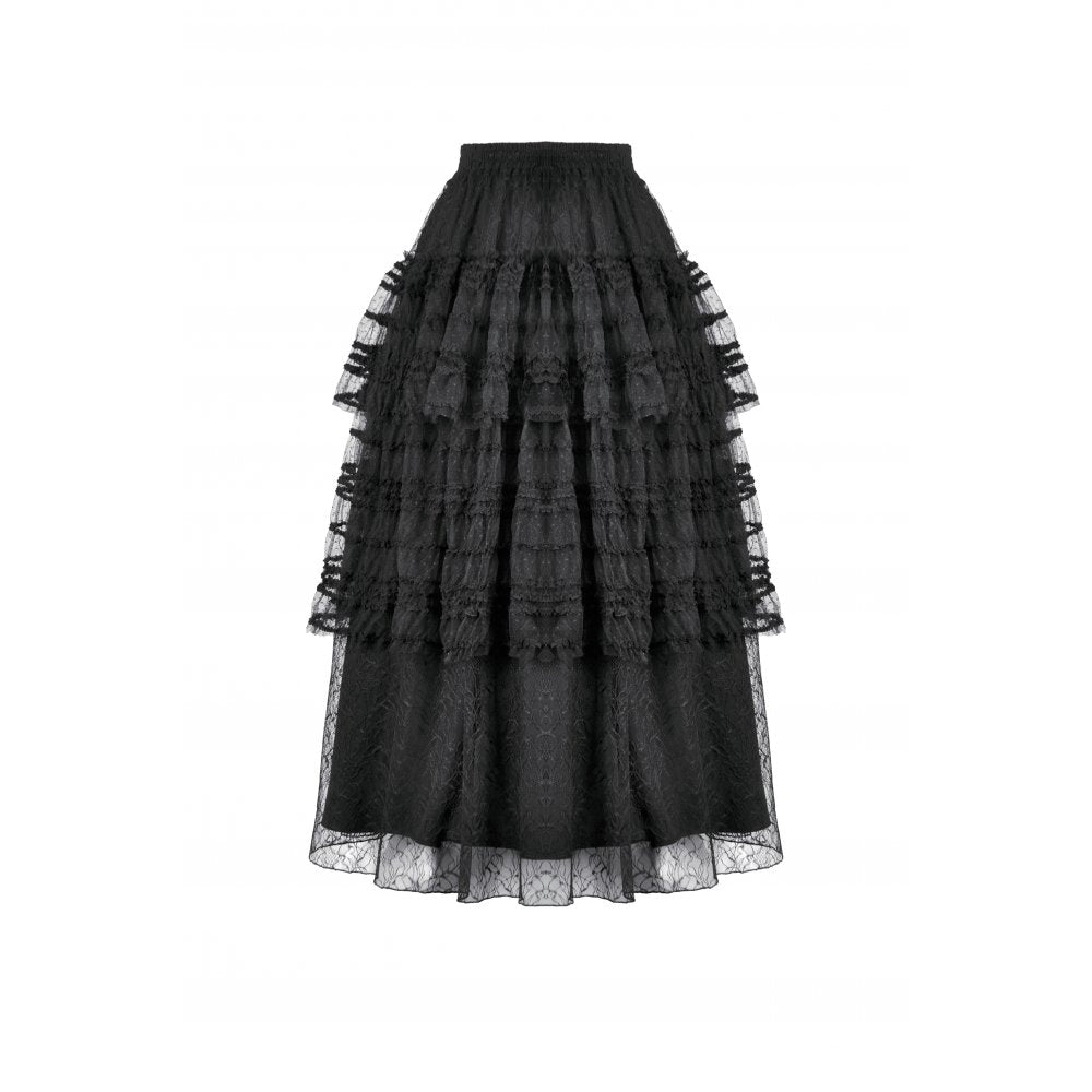 Detail of the Morticia Gothic Skirt highlighting the intricate lace overlay and plush velvet texture, perfect for alternative fashion.