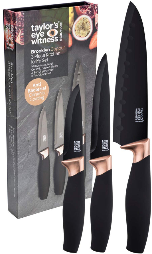 3pc Kitchen Knife Gift Set - Brooklyn by Taylors Eye Witness. Copper Coloured Bolsters, Matching Finely Ground Razor Sharp Jet Black Coated Blades.