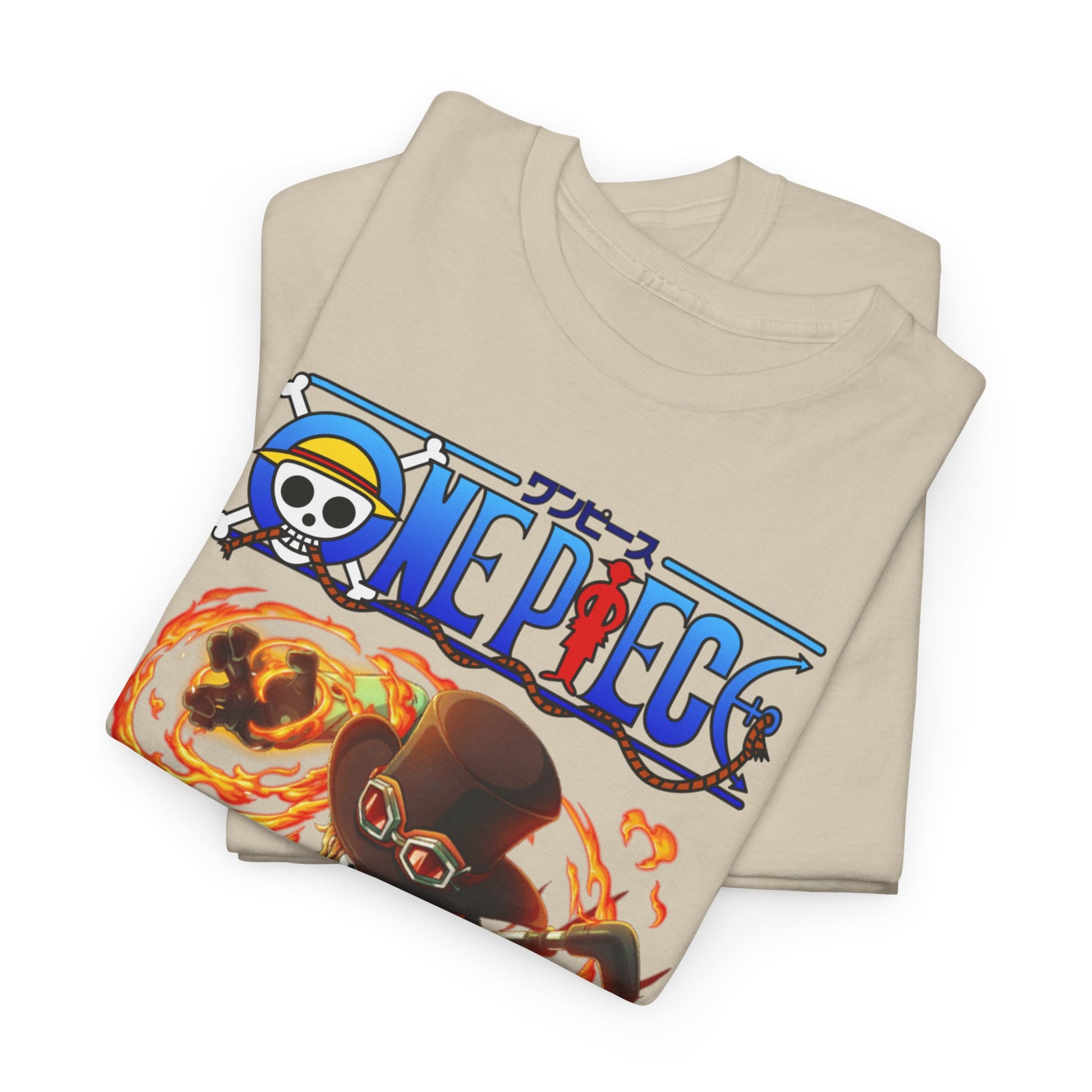 Stacked luxury t-shirts showcasing the captivating Sabo design from One Piece, elegantly folded with striking details of fiery action.
